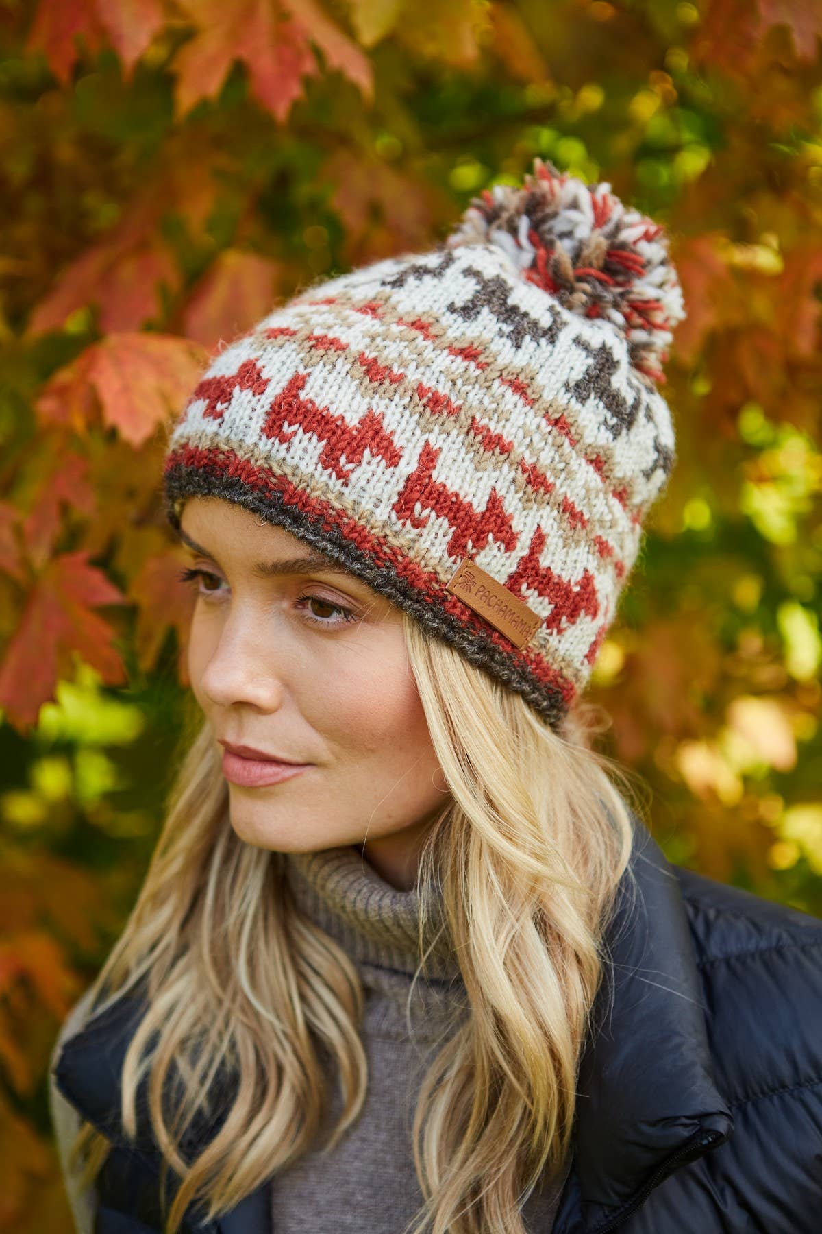 Walking the Dog Fair Isle Knit Wool Bobble Hat Rust Oatmeal