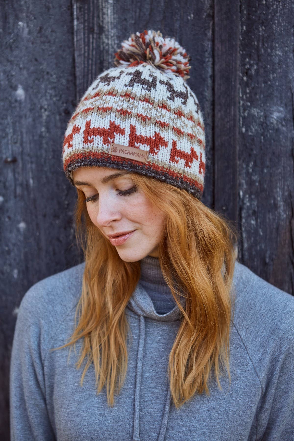 Walking the Dog Fair Isle Knit Wool Bobble Hat Rust Oatmeal
