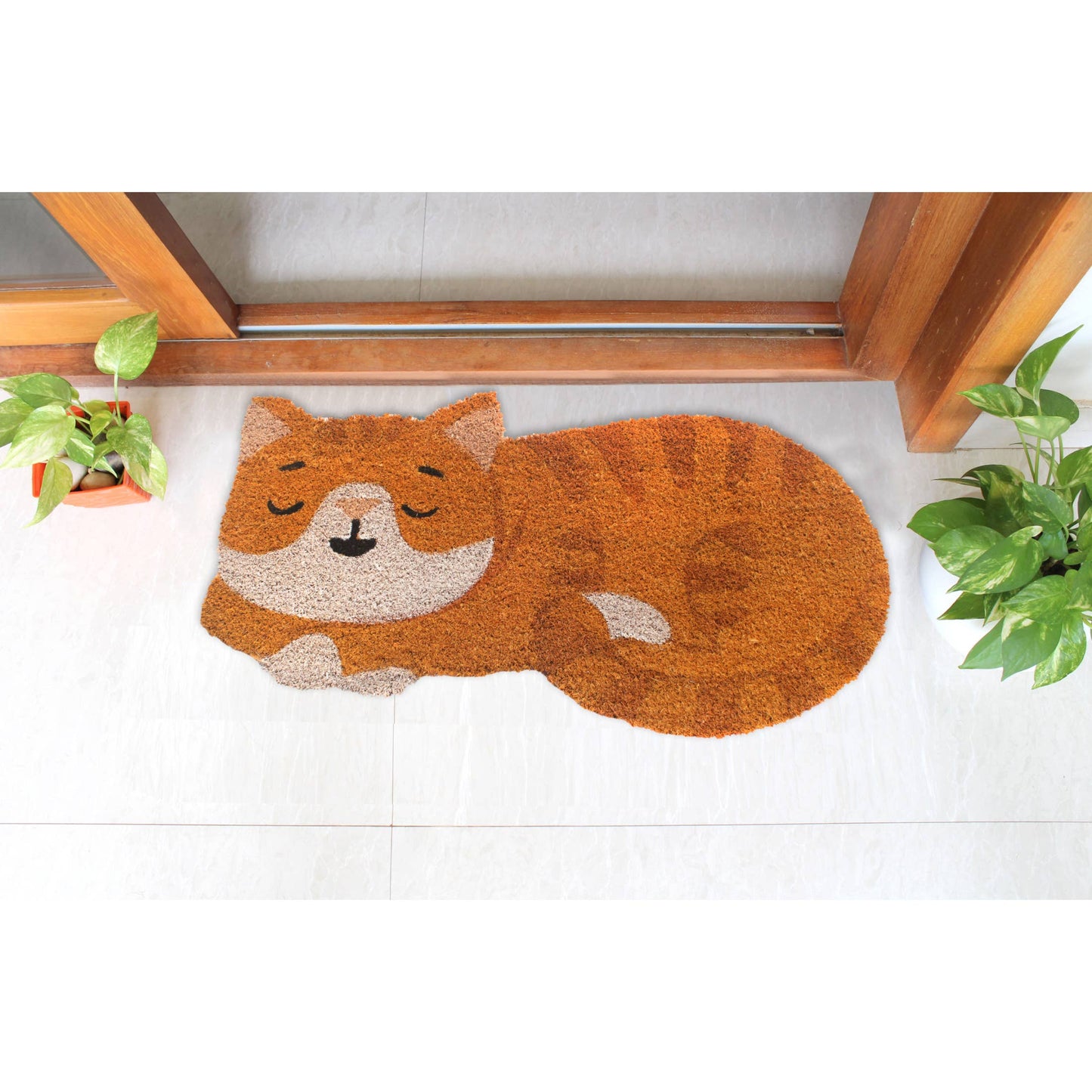 Orange Sleeping Cat Shaped Doormat: 16"x30"