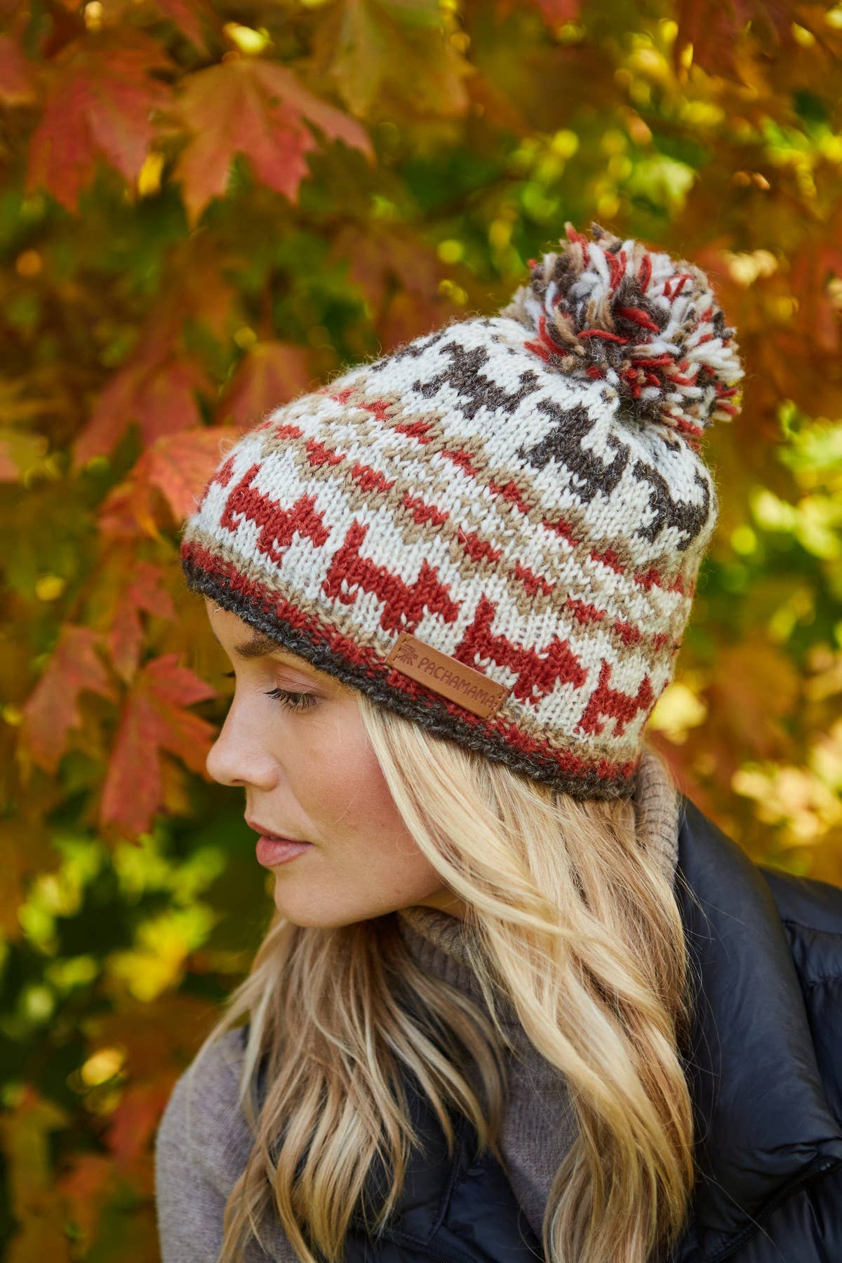 Walking the Dog Fair Isle Knit Wool Bobble Hat Rust Oatmeal