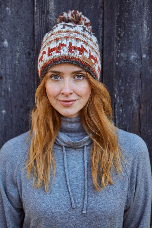 Walking the Dog Fair Isle Knit Wool Bobble Hat Rust Oatmeal