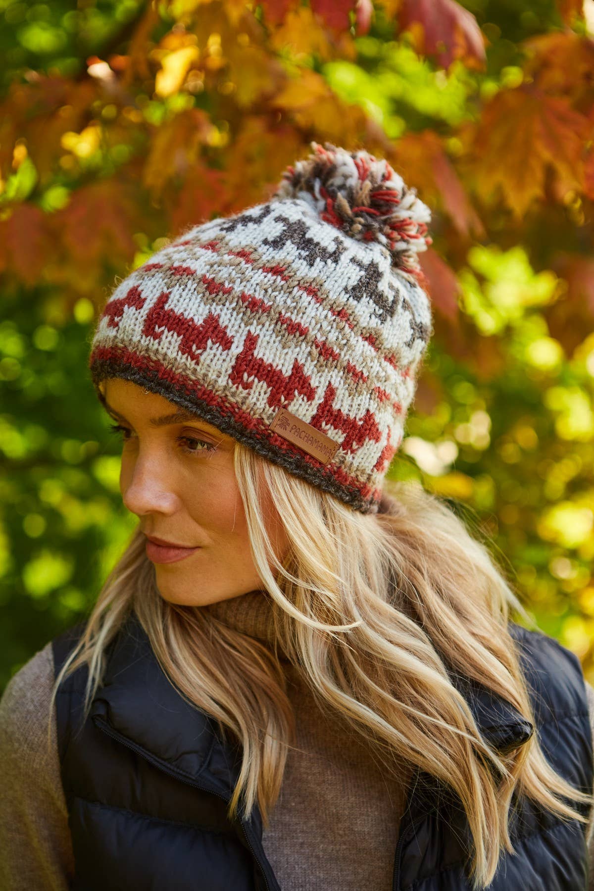 Walking the Dog Fair Isle Knit Wool Bobble Hat Rust Oatmeal