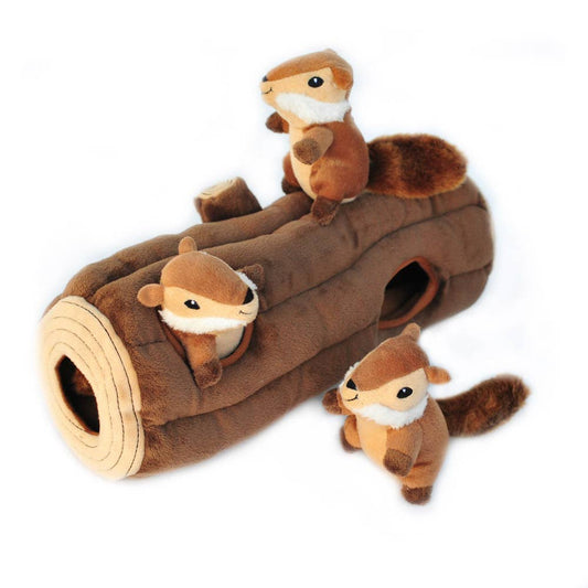 Zippy Burrow - Burrow Log with 3 Chipmunks - Dog Toy